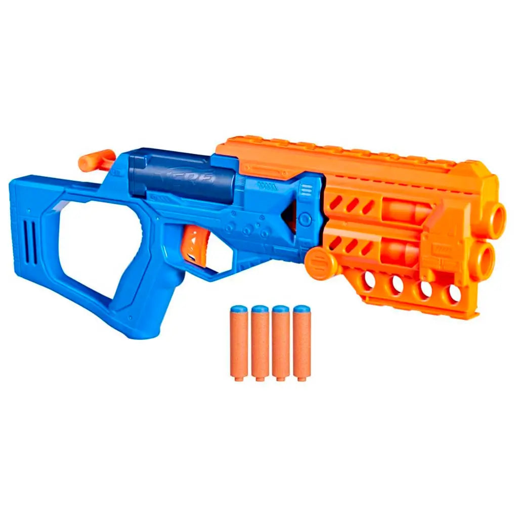 Nerf N-Series Topbreaker dart blaster laid flat with four orange foam darts lined below the muzzle, showcasing the top tactical rail, dual front barrels, and integrated shoulder stock design.