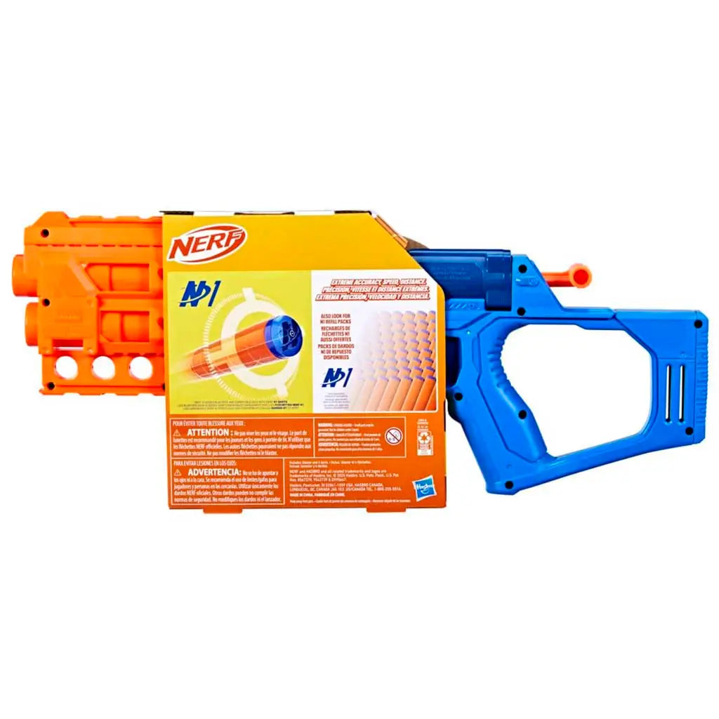 Back of Nerf N-Series Topbreaker retail packaging attached to the blaster, displaying performance graphics, dart details, safety warnings, and multilingual text on orange and yellow panels.