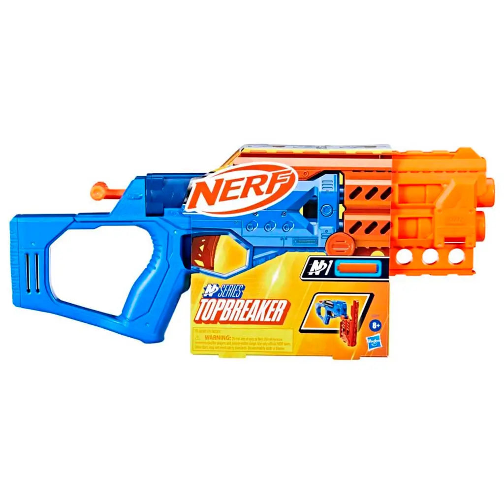 Front of Nerf N-Series Topbreaker retail package with the blue-and-orange blaster partially wrapped in a bright box, featuring bold Nerf branding, N-Series logo, and product illustration.