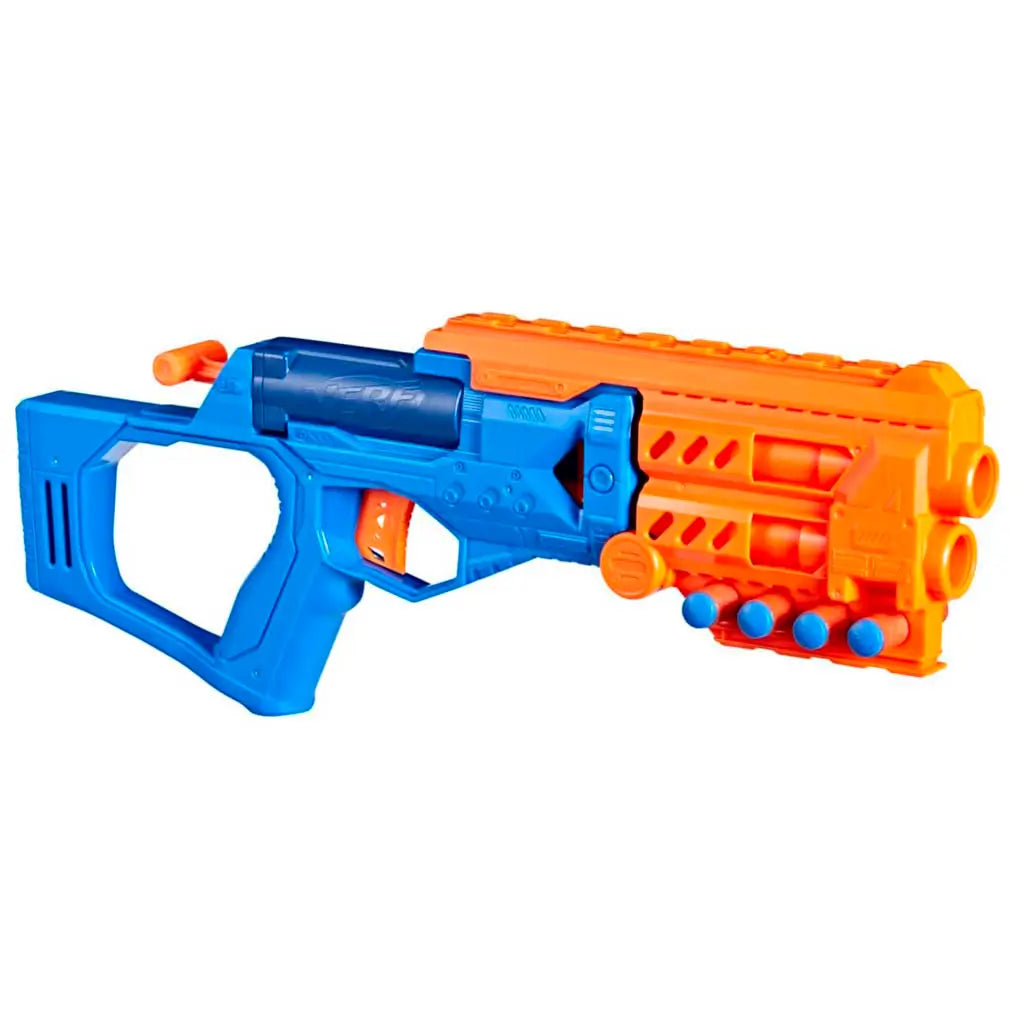 Nerf N-Series Topbreaker dart blaster in bright blue and orange molded plastic, featuring a compact stock, chunky front barrel cluster, and side-mounted dart holders on a plain white background.