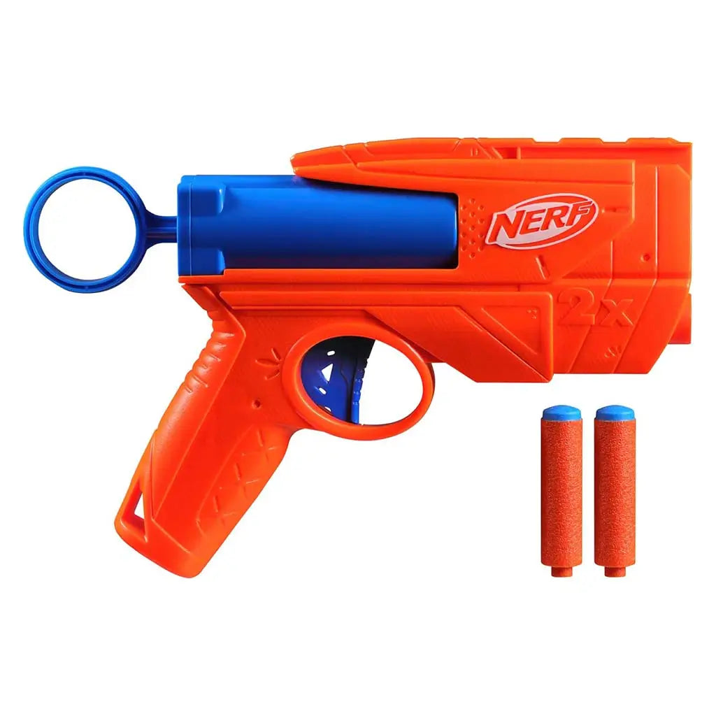 NERF compact blaster is shown with two orange foam darts featuring blue tips, highlighting its small molded plastic frame, blue barrel tube and included accessories on a clean white background. Described in clear detail for accessibility and user understanding.