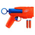 NERF compact blaster is shown with two orange foam darts featuring blue tips, highlighting its small molded plastic frame, blue barrel tube and included accessories on a clean white background. Described in clear detail for accessibility and user understanding.