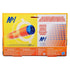 NERF packaging back displays detailed illustration of orange foam dart with blue tip and product info, emphasizing speed, accuracy and distance claims on a yellow-and-white printed cardboard surface. Described in clear detail for accessibility and user understanding.