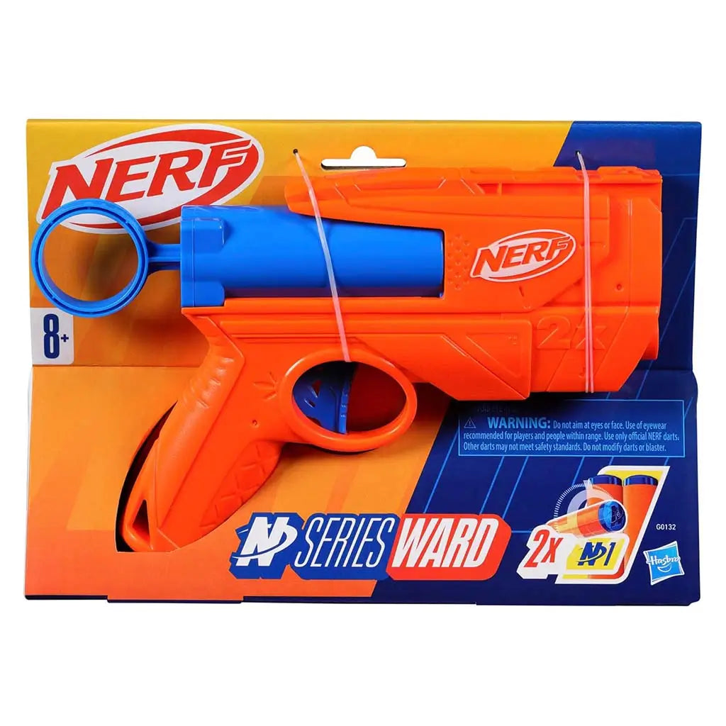 NERF toy blaster packaging front shows orange-and-blue compact dart launcher secured with ties, featuring bold branding and age recommendation on a colorful retail display card for store shelving. Described in clear detail for accessibility and user understanding.