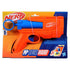 NERF toy blaster packaging front shows orange-and-blue compact dart launcher secured with ties, featuring bold branding and age recommendation on a colorful retail display card for store shelving. Described in clear detail for accessibility and user understanding.