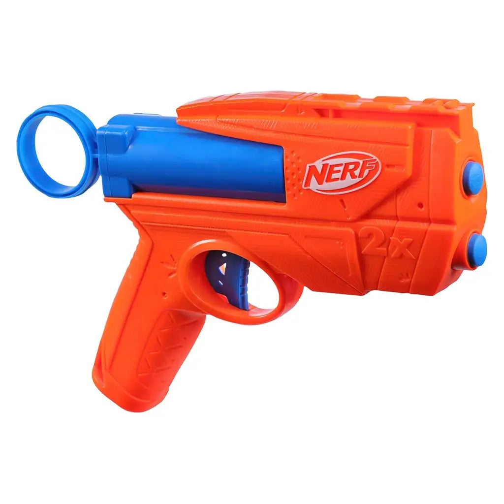 NERF toy blaster features bright orange plastic body with smooth molded texture, compact rectangular form and blue barrel for firing foam darts, shown against a plain white studio background. Described in clear detail for accessibility and user understanding.