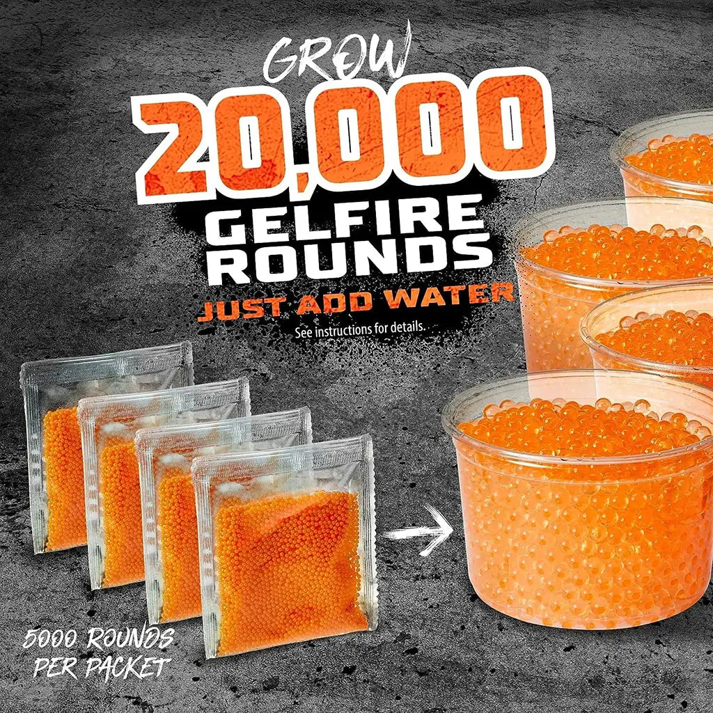 Nerf Pro Gelfire instruction graphic showing four packets of dry orange rounds turning into hydrated gel balls in clear cups, with bold text reading “Grow 20,000 Gelfire Rounds – Just Add Water.”