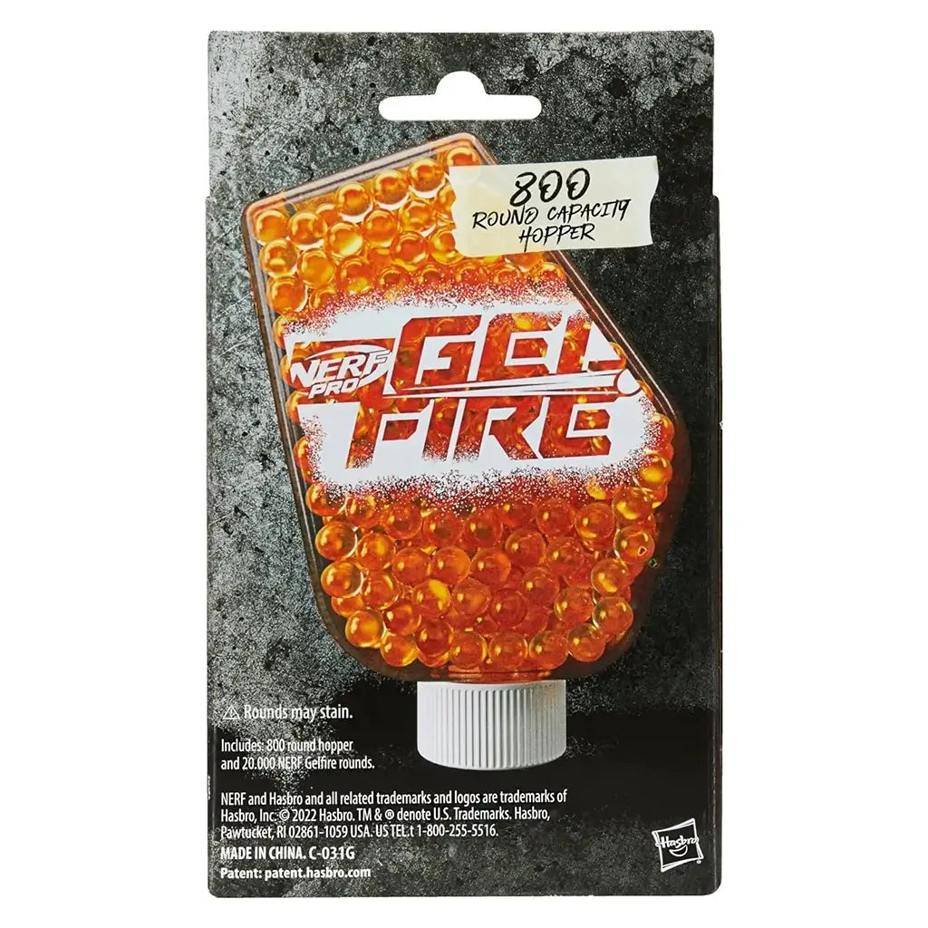 Nerf Pro Gelfire package back showing transparent hopper filled with bright orange gel rounds labeled “800 round capacity hopper,” set against a textured dark gray background with product details.