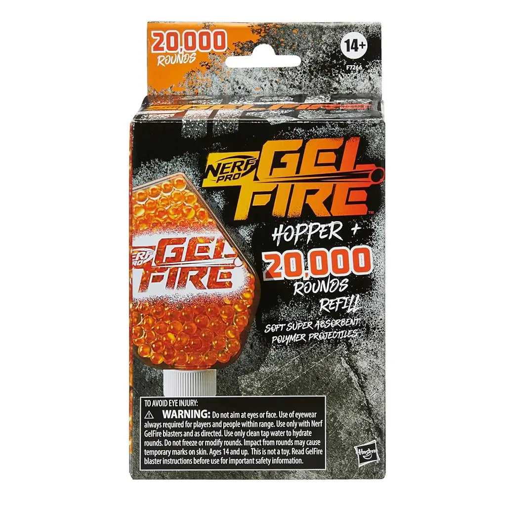 Nerf Pro Gelfire refill box featuring 20,000 orange polymer gel rounds and a transparent hopper, displayed against a rugged black and orange background with product details and safety warnings.