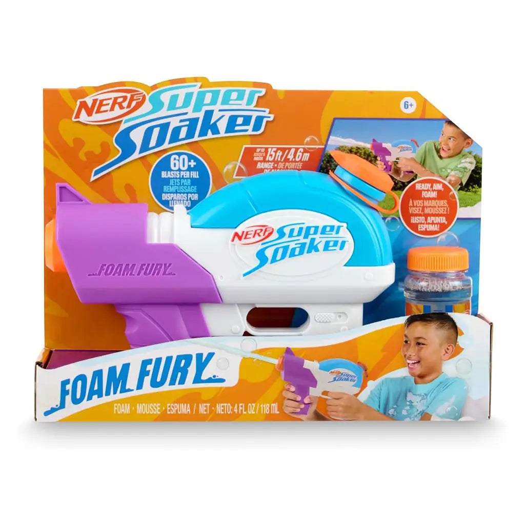 Nerf Super Soaker Foam Fury toy blaster in retail packaging, featuring a purple, blue, and white design with an orange nozzle and foam refill bottle, displayed against bright orange branding.