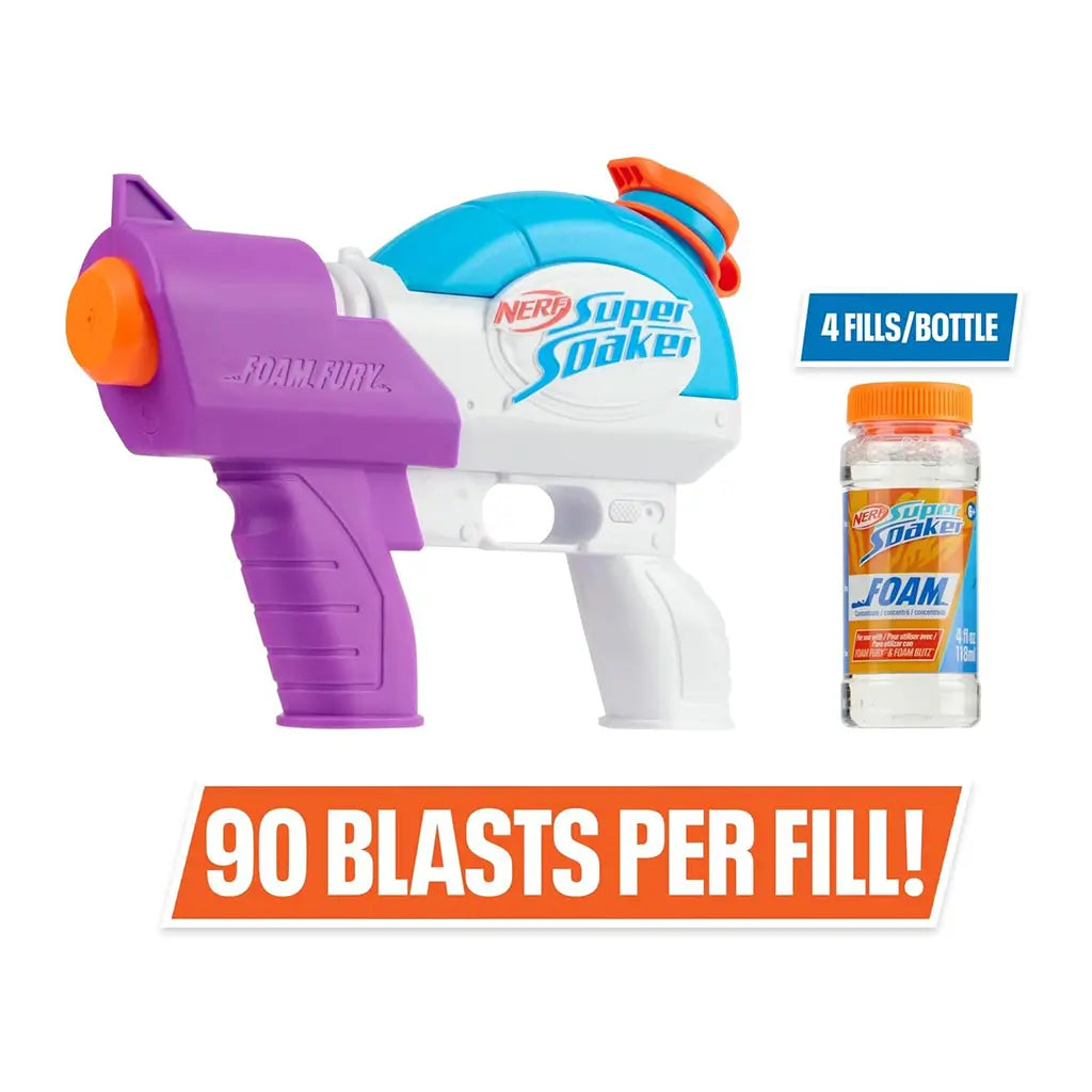 Nerf Super Soaker Foam Fury blaster and foam refill bottle shown on white background, featuring “90 Blasts per Fill!” and “4 Fills/Bottle” text in bold orange and blue banners.