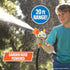 Boy playing outside using the Nerf Super Soaker Quadblast blaster connected to a garden hose, spraying a long stream of water labeled “20 ft Range” and “Garden Hose Powered.”