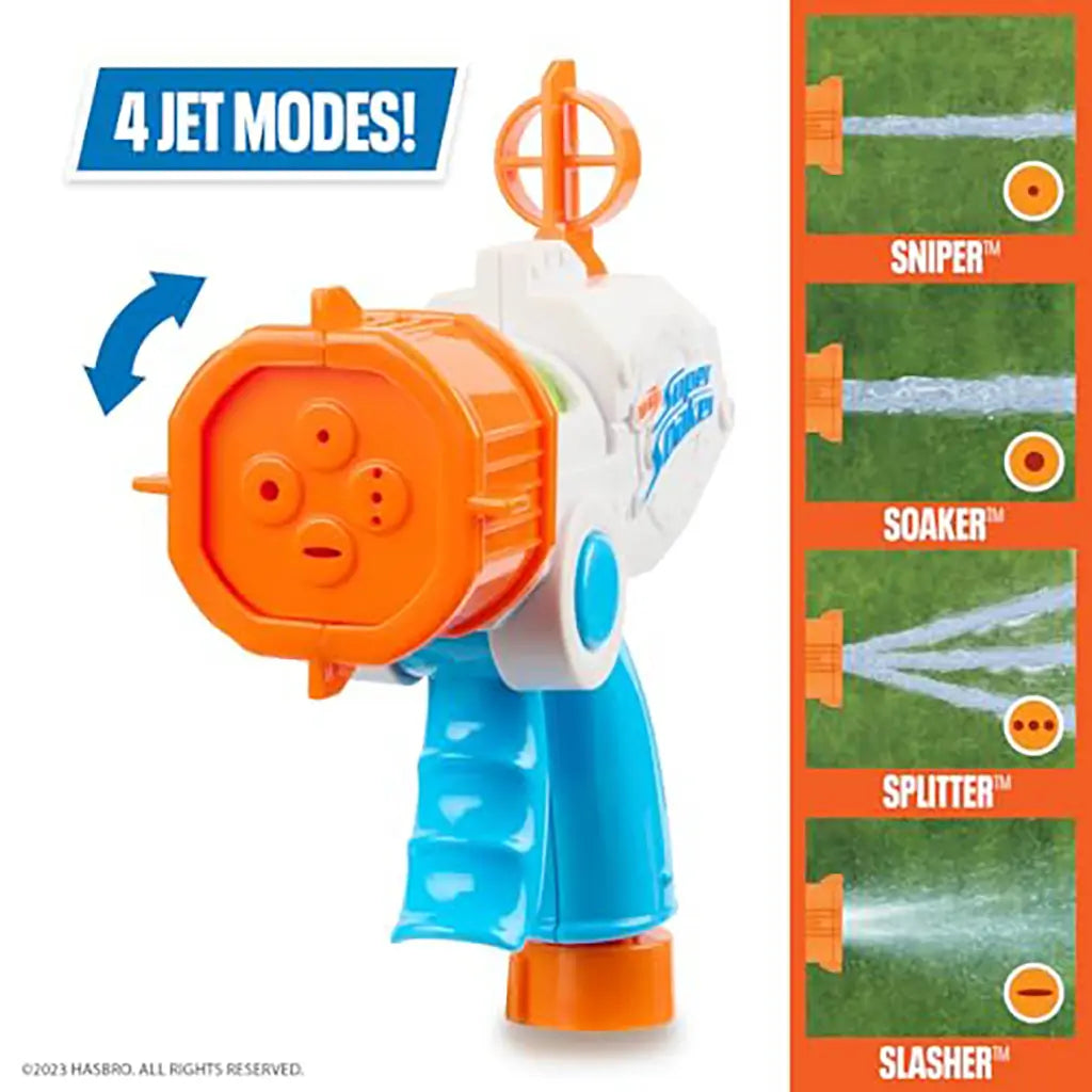 Nerf Super Soaker Quadblast close-up highlighting its four adjustable jet modes—Sniper, Soaker, Splitter, and Slasher—shown with labeled water spray examples beside the orange nozzle.