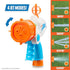 Nerf Super Soaker Quadblast close-up highlighting its four adjustable jet modes—Sniper, Soaker, Splitter, and Slasher—shown with labeled water spray examples beside the orange nozzle.