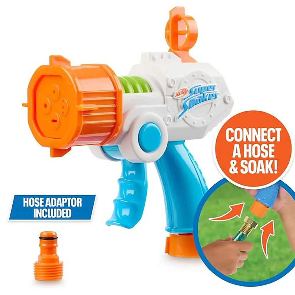 Nerf Super Soaker Quadblast blaster with hose adapter and labeled instruction showing how to attach a garden hose, with text “Connect a Hose & Soak!” emphasizing easy setup.