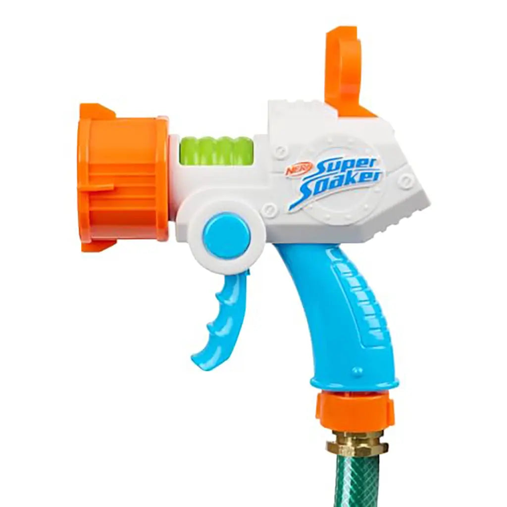 Nerf Super Soaker Quadblast water blaster featuring blue handle, white body, green chamber, and orange rotating nozzle, connected to a garden hose for continuous water play.