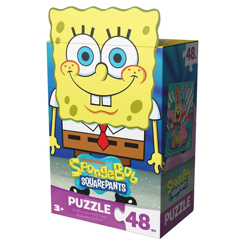 yellow cardboard puzzle box Nickelodeon SpongeBob SquarePants, smooth printed surface with bold character artwork, rectangular angled side view highlighting branding and 48 piece count on a white background