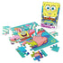 colorful cardboard jigsaw puzzle Nickelodeon SpongeBob SquarePants set, glossy smooth pieces in bright yellow, pink, and blue forming cartoon characters, displayed partially assembled with retail box on a clean white background