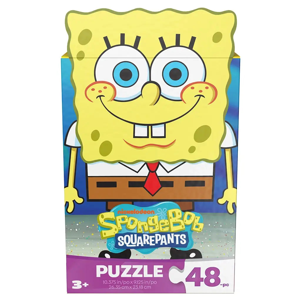 yellow cardboard puzzle box Nickelodeon SpongeBob SquarePants, smooth printed surface with large smiling SpongeBob graphic, rectangular upright packaging showing 48 piece count on a clean white background