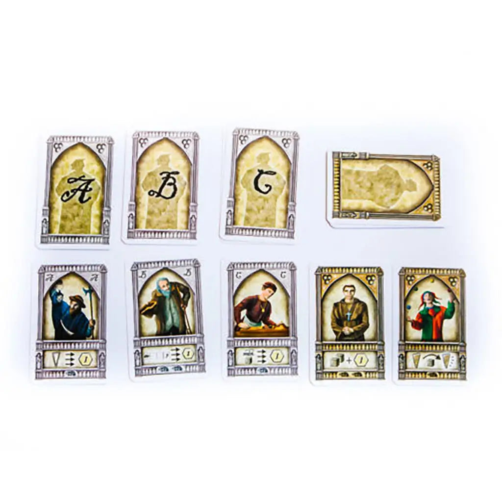 Notre Dame 10th Anniversary Edition character cards with illustrated medieval figures framed in stone-like gothic arches, labeled with letters and game symbols below.