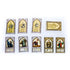 Notre Dame 10th Anniversary Edition character cards with illustrated medieval figures framed in stone-like gothic arches, labeled with letters and game symbols below.
