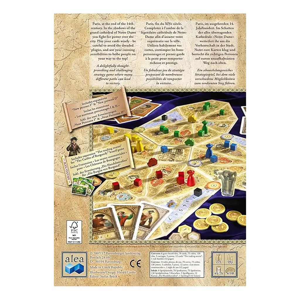 Notre Dame 10th Anniversary Edition board game back of box showing overview text in multiple languages, game board with colorful pieces, gold coins, and expansion details.