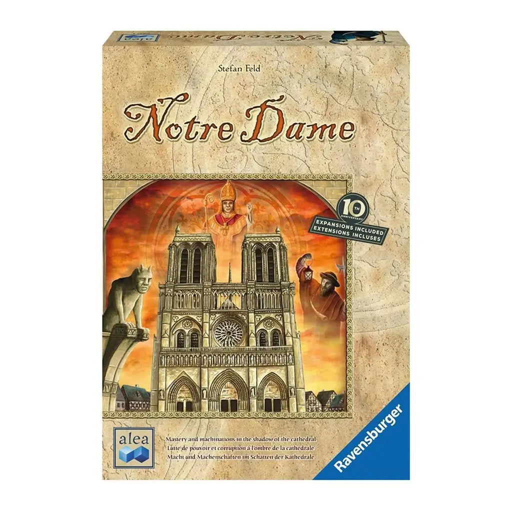 Notre Dame 10th Anniversary Edition front cover featuring artwork of the cathedral façade, gargoyles, medieval characters, and sunset sky with Ravensburger and Alea branding.