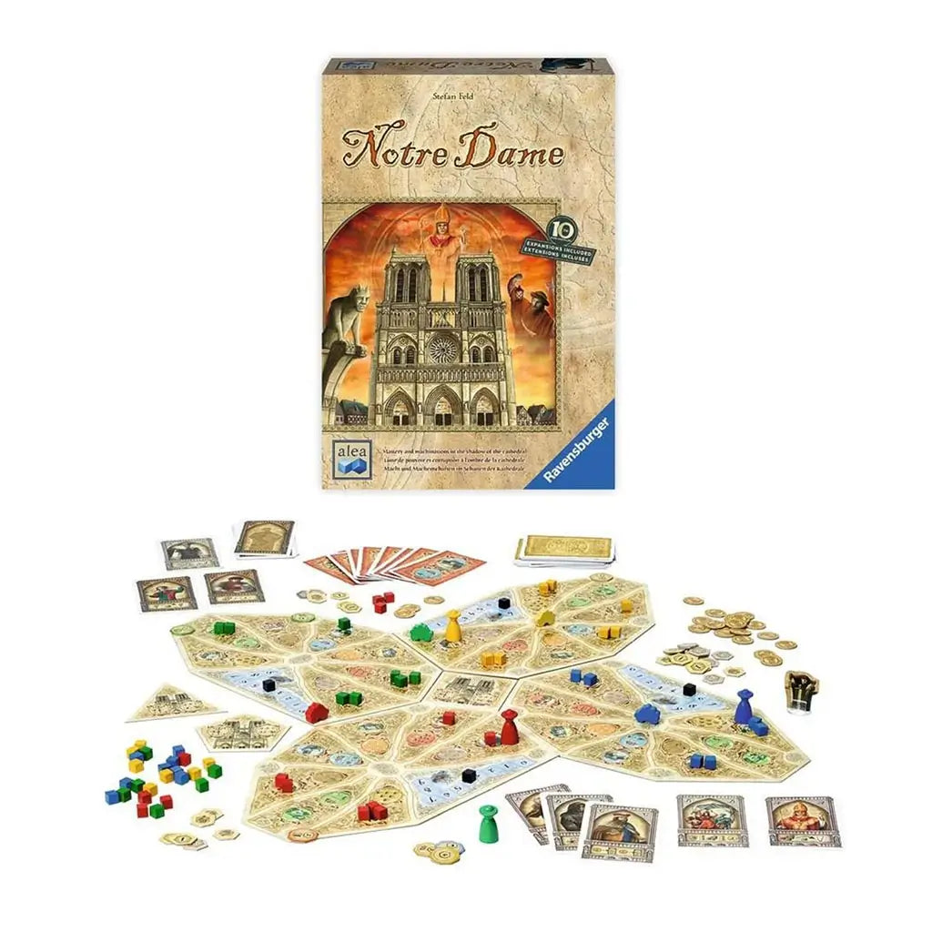 Notre Dame 10th Anniversary Edition board game components displayed with central cathedral board, cards, coins, cubes, pawns, and detailed box artwork in the background.
