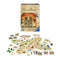 Notre Dame 10th Anniversary Edition board game components displayed with central cathedral board, cards, coins, cubes, pawns, and detailed box artwork in the background.
