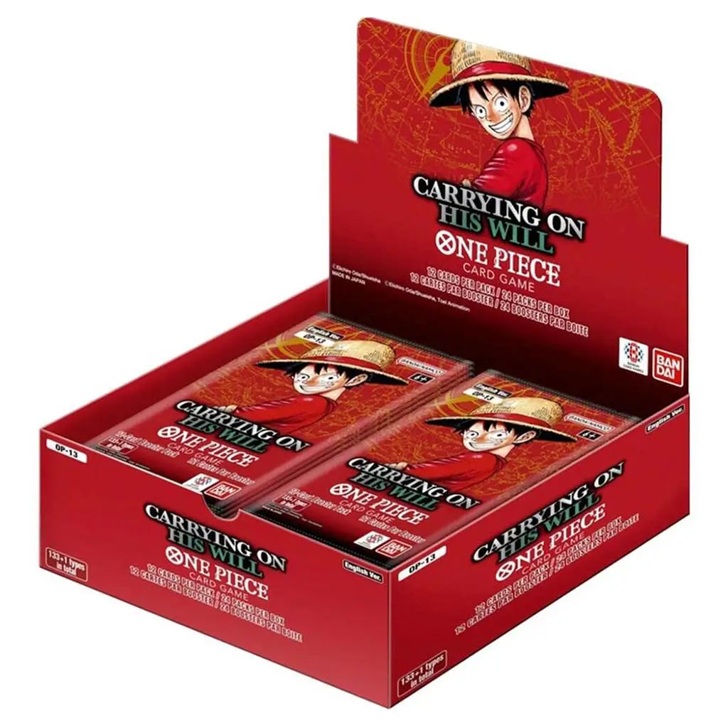 One Piece trading cards display shows a red glossy cardboard rectangular box with sealed foil packs featuring the Straw Hat hero, designed to present Bandai booster packs against a plain background.