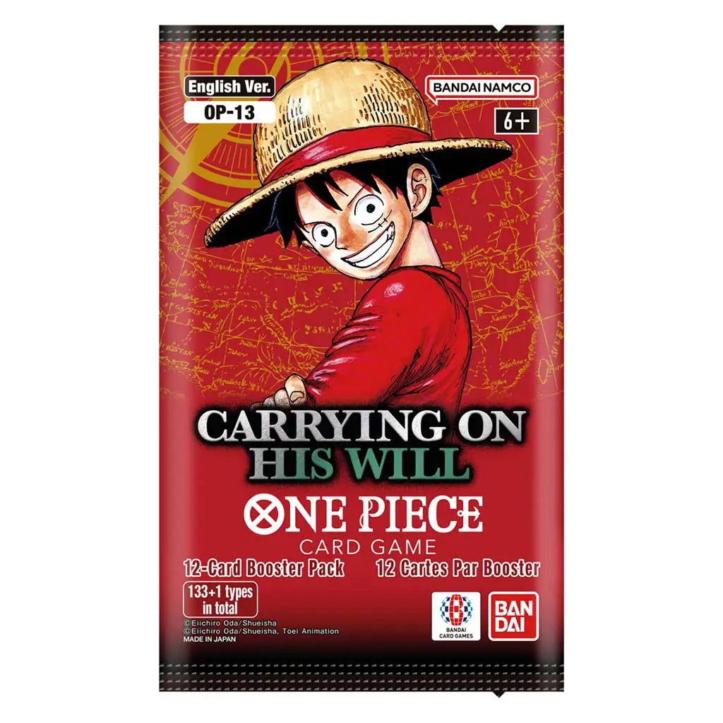 One Piece card game booster shows a red glossy foil rectangular pack featuring artwork of the Straw Hat hero on a sealed wrapper promoting Bandai’s OP-13 release against a plain background.