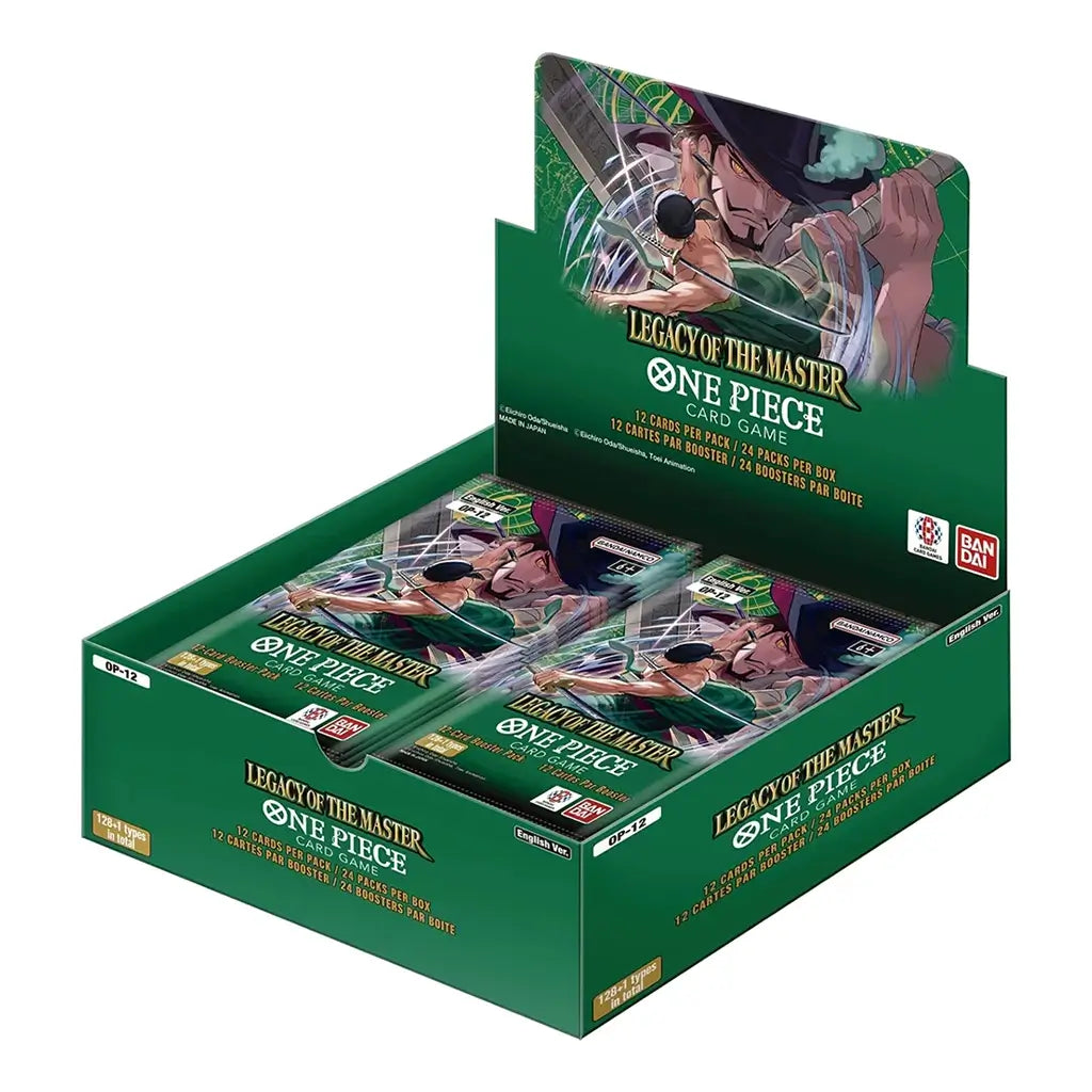 One Piece card game booster box with deep green cardboard display packaging, rectangular open-top retail box holding multiple Legacy of the Master OP-12 booster packs, featuring dynamic anime swordsman artwork for collectible trading cards.