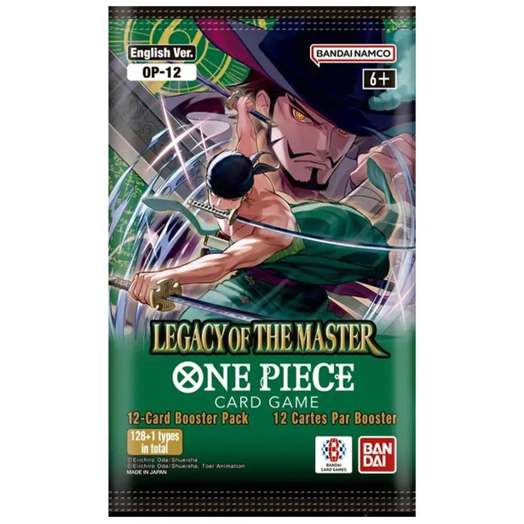 One Piece card game booster pack titled “Legacy of the Master” by Bandai Namco, featuring colorful anime artwork of Zoro and Mihawk in battle on a green-themed wrapper.