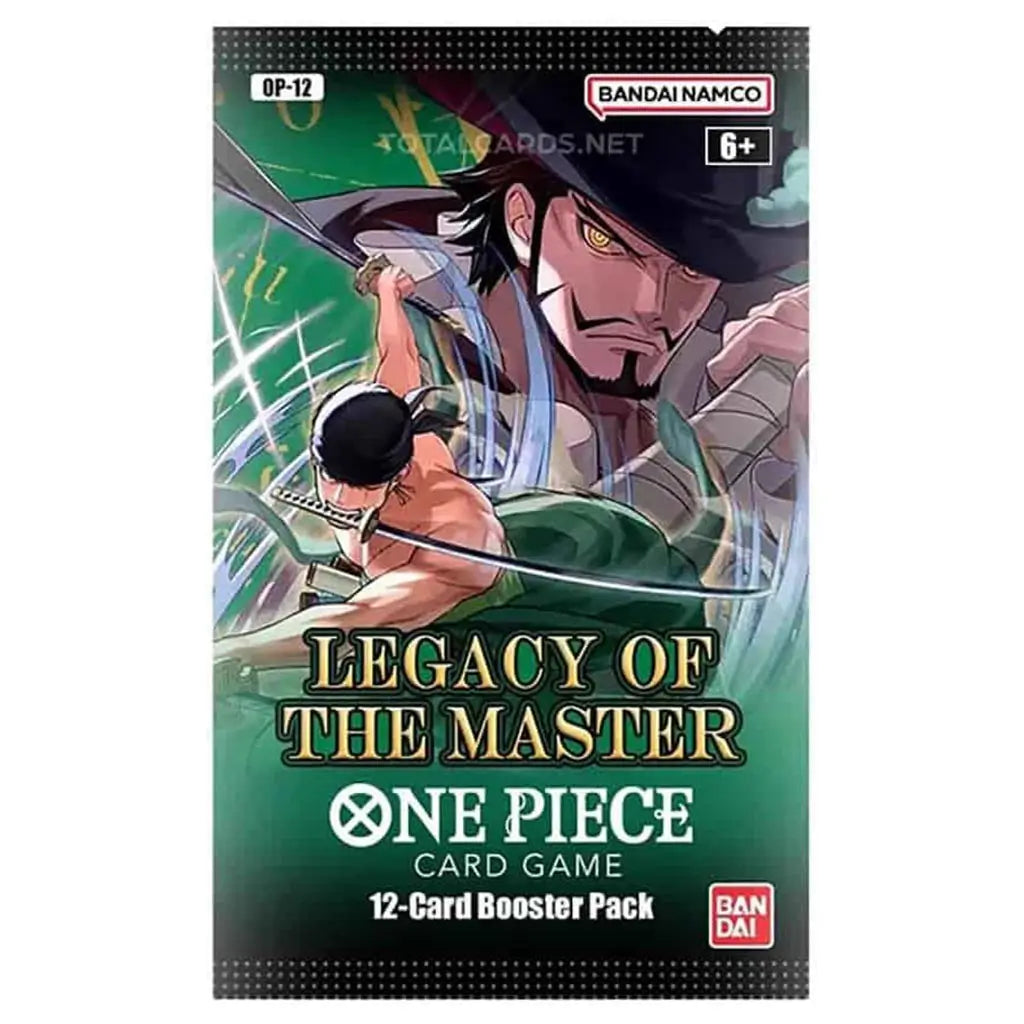 One Piece card game booster pack with green and teal foil wrapper, rectangular sealed pack showing an anime-style swordsman in motion with swirling energy effects, designed for collectible trading cards in the Legacy of the Master series.