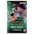 One Piece card game booster pack with green and teal foil wrapper, rectangular sealed pack showing an anime-style swordsman in motion with swirling energy effects, designed for collectible trading cards in the Legacy of the Master series.