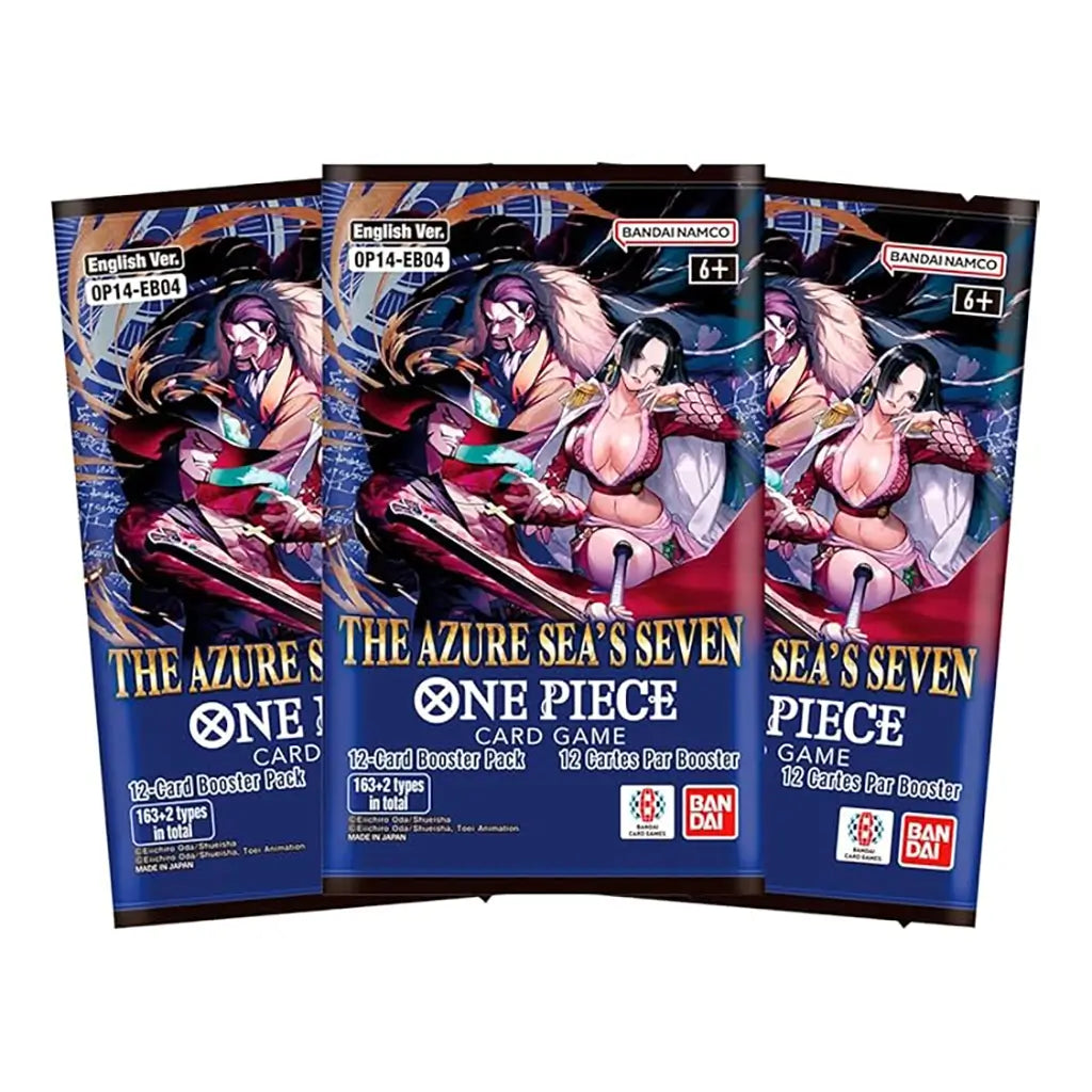 One Piece Card Game booster packs featuring deep blue foil wrappers with glossy anime artwork, official Bandai Namco branding, gold lettering, and The Azure Sea’s Seven set design, arranged in a fan layout on a white background.