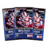 One Piece Card Game booster packs featuring deep blue foil wrappers with glossy anime artwork, official Bandai Namco branding, gold lettering, and The Azure Sea’s Seven set design, arranged in a fan layout on a white background.