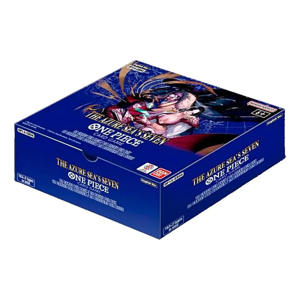 One Piece Card Game sealed booster box with rigid blue cardboard packaging, glossy printed anime artwork, Bandai Namco and BANDAI logos, age 6+ label, and The Azure Sea’s Seven set title displayed on a white background.