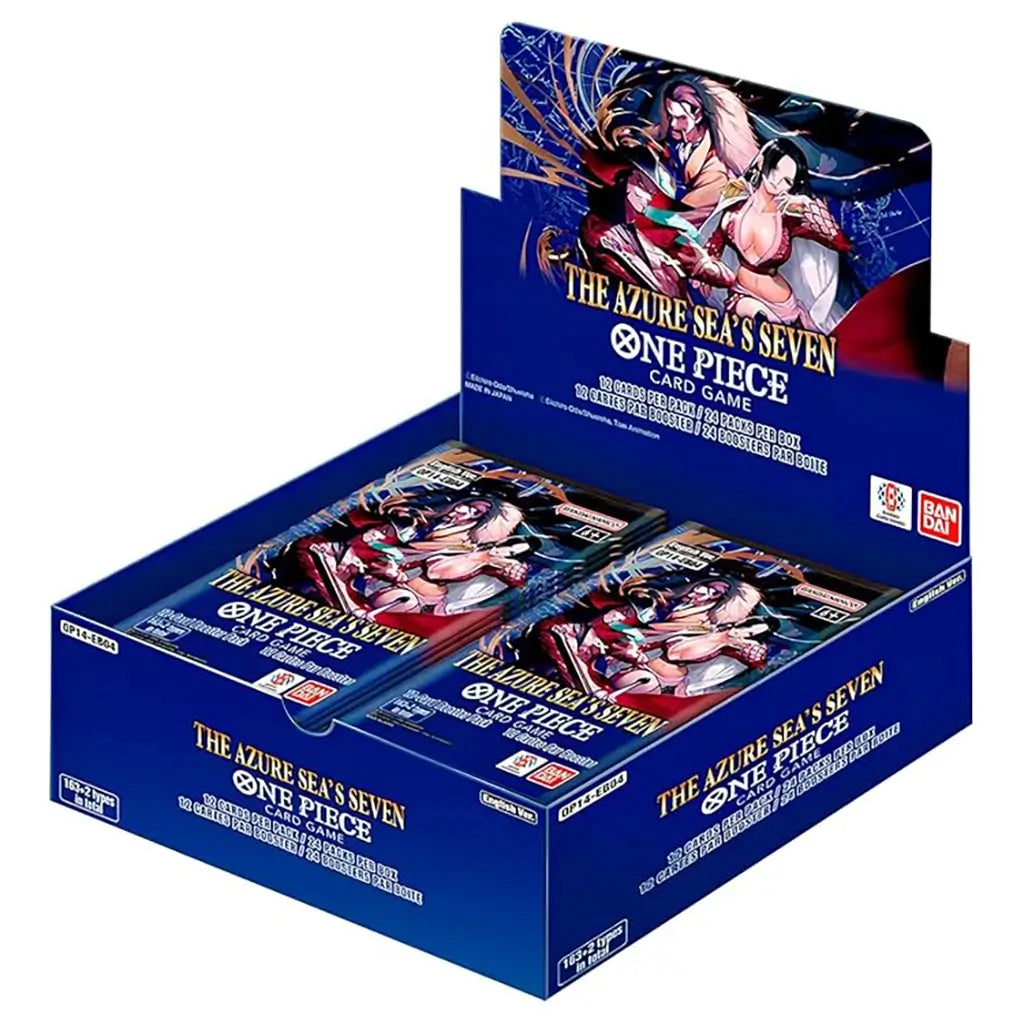One Piece Card Game booster box display opened to show multiple deep blue foil booster packs inside a cardboard counter box, featuring dramatic anime character art, Bandai Namco logos, and The Azure Sea’s Seven set branding.
