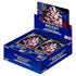 One Piece Card Game booster box display opened to show multiple deep blue foil booster packs inside a cardboard counter box, featuring dramatic anime character art, Bandai Namco logos, and The Azure Sea’s Seven set branding.
