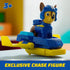 Close-up of exclusive PAW Patrol Chase figure in blue rescue gear standing on hoverboard with yellow wings, suitable for ages 3 and up.