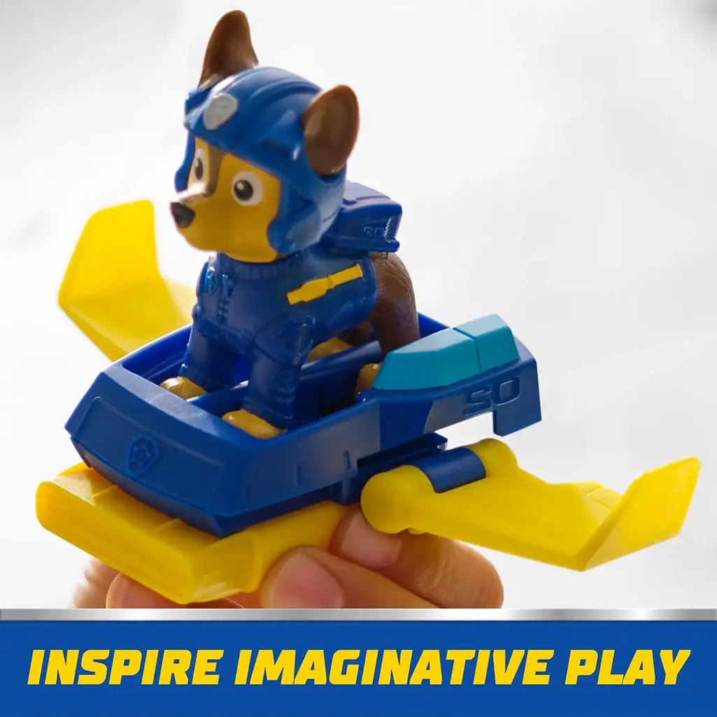 PAW Patrol Action Pup Chase figure in blue hoverboard with yellow wings, designed to inspire imaginative play and adventure-themed storytelling for young children.