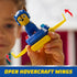 Child holds PAW Patrol Chase figure in blue and yellow hoverboard with extended wings, demonstrating interactive flying feature for creative play.
