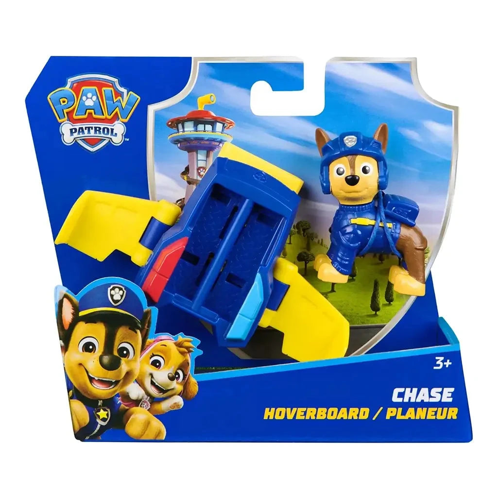 PAW Patrol Chase hoverboard toy set in retail packaging, includes action figure and blue hoverboard with yellow wings, promoting adventure play for ages 3+.