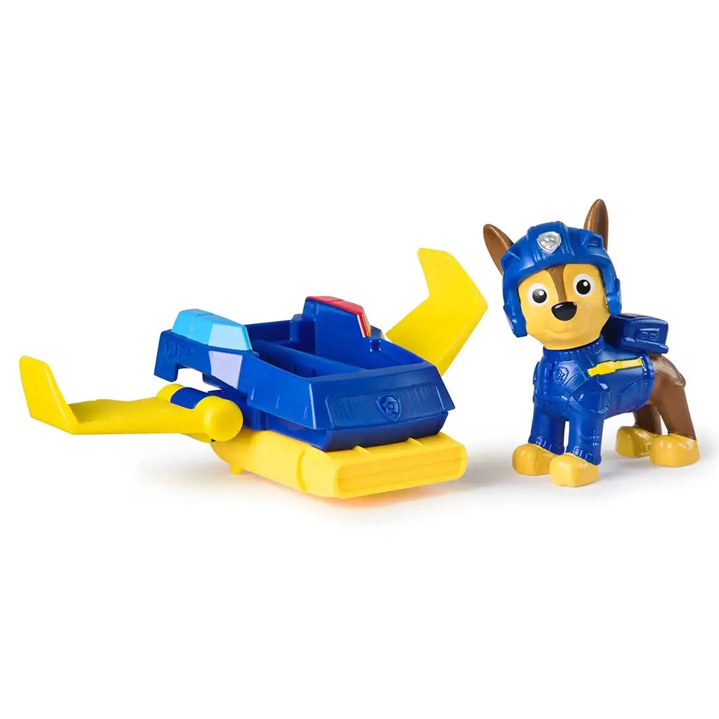 PAW Patrol Chase figure in blue uniform shown beside detachable hoverboard with yellow wings, showcasing toy set's components for imaginative missions.