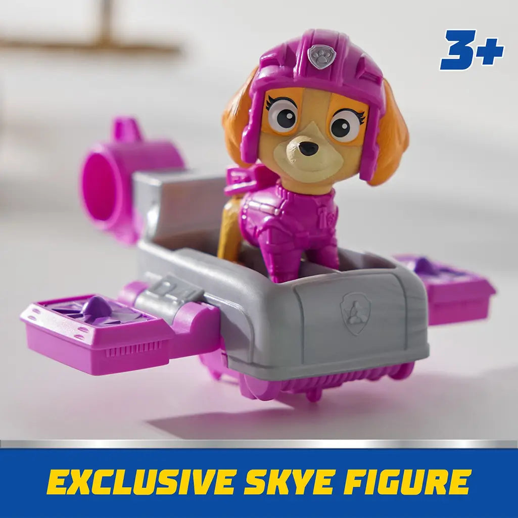 Exclusive PAW Patrol Skye figure in pink rescue outfit rides pink and gray hoverboard, promoting dynamic play for preschoolers aged 3 and older.