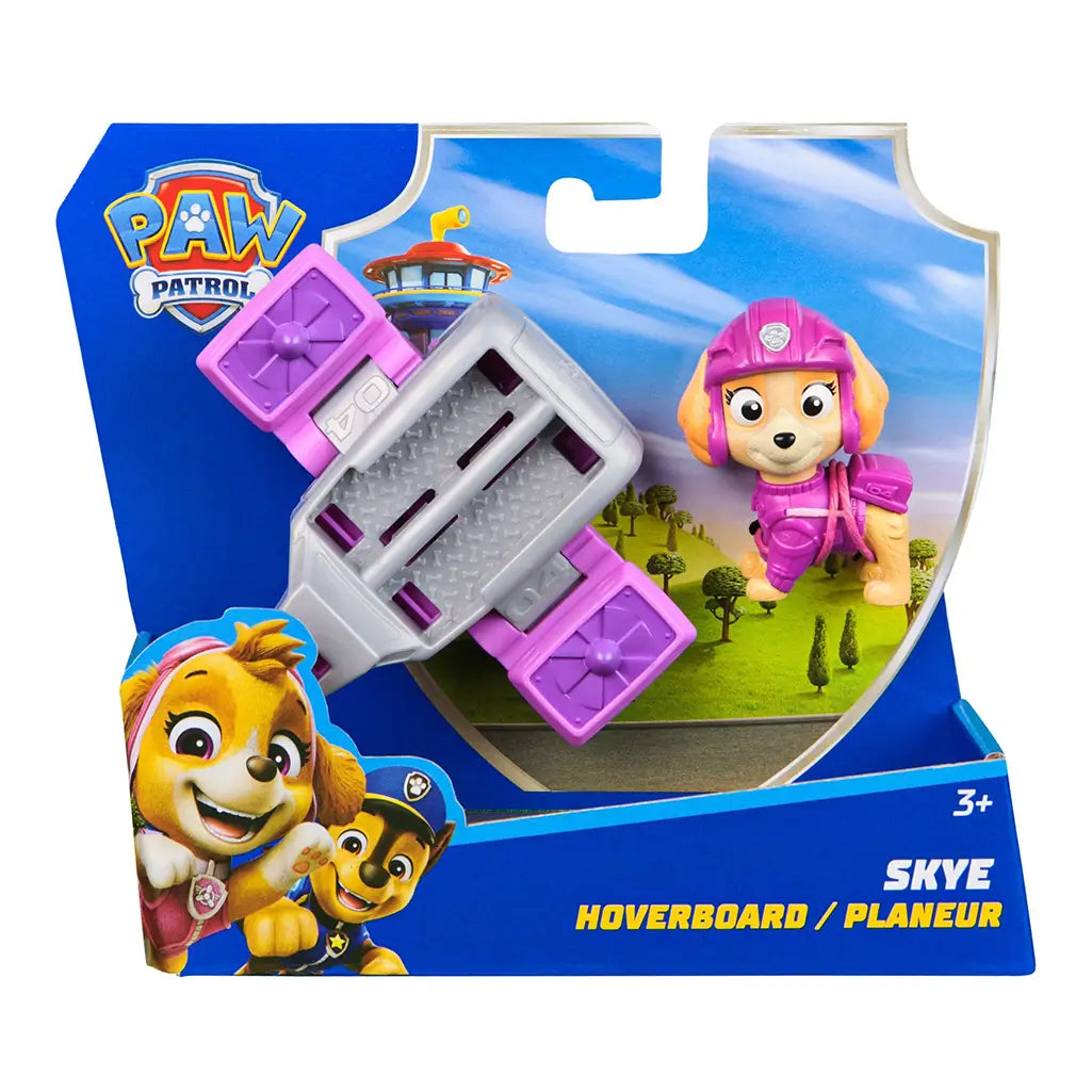 PAW Patrol Skye hoverboard toy set in retail packaging, includes pink and gray hoverboard and exclusive Skye figure in pink gear for kids aged 3 and up.