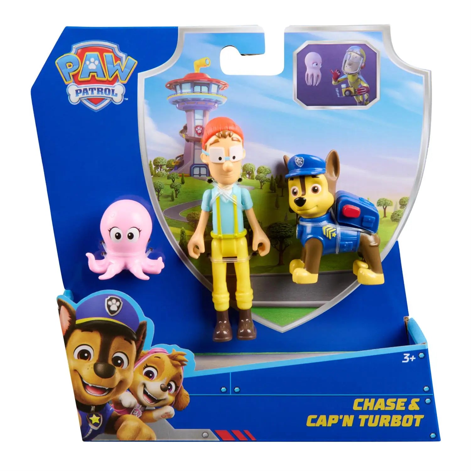 Paw Patrol Chase & Cap’n Turbot figure set in packaging, featuring Chase in blue police gear, Cap’n Turbot in red beanie and yellow pants, and pink baby octopus figure.