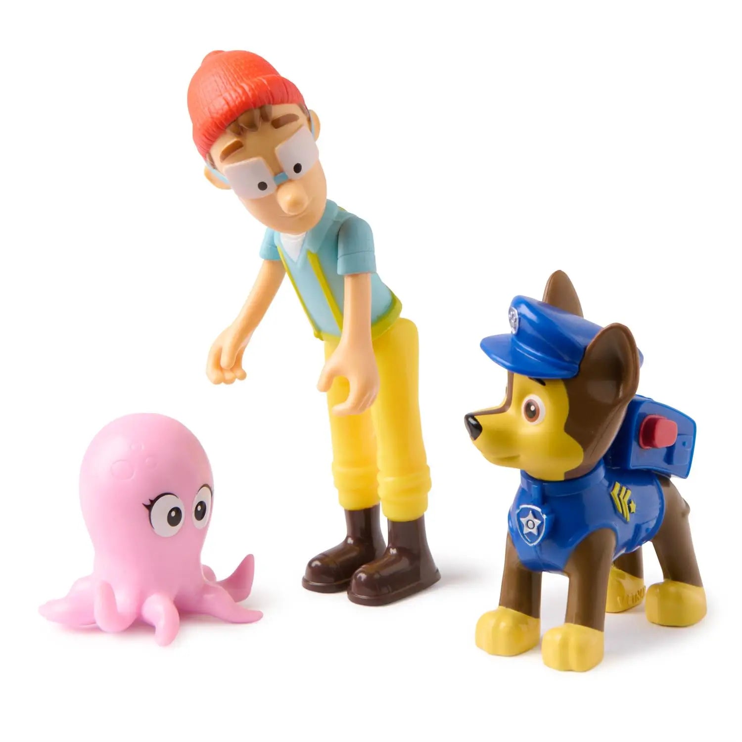 Paw Patrol toy set with Chase dog in blue police uniform, Cap’n Turbot in glasses, red beanie, and yellow pants, and pink octopus figure displayed on white background.