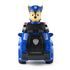 Front view of Paw Patrol Chase police cruiser sustainable toy vehicle, bold blue design with black grille and silver paw emblem, Chase seated inside wearing blue hat.